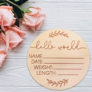 Newborn Arrival Announcement Wood Burnt Disc Leaf Print Baby Photo Prop Handmade